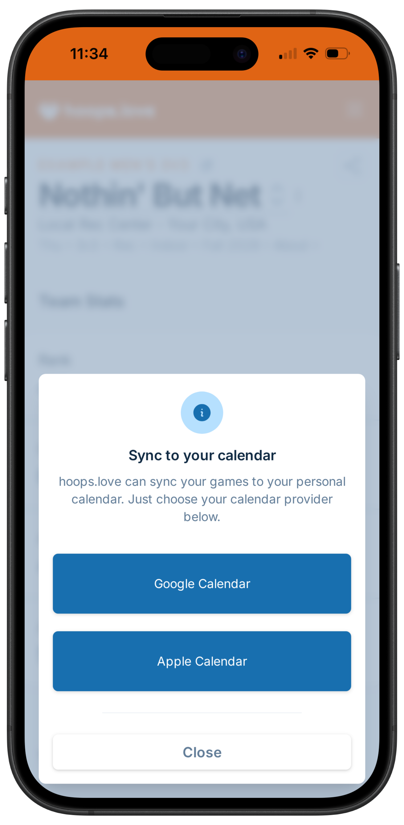A screenshot showing the options of subscribing to a team calendar, which allows syncing to Google Calendar and Apple Calendar