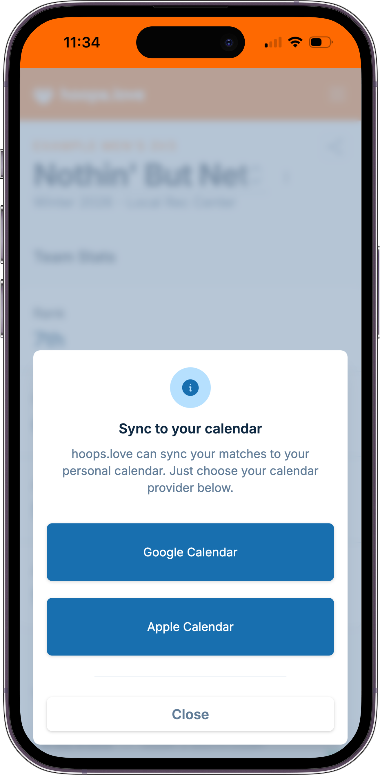 A screenshot showing the options of subscribing to a team calendar, which allows syncing to Google Calendar and Apple Calendar