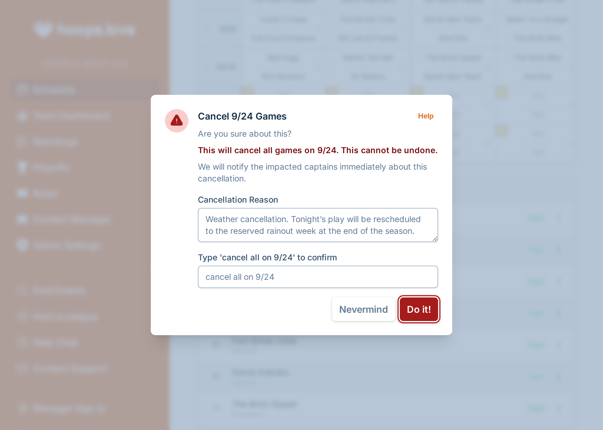 A screenshot showing the game cancellation dialog, where the manager has decided to cancel games and is providing a message to send to captains