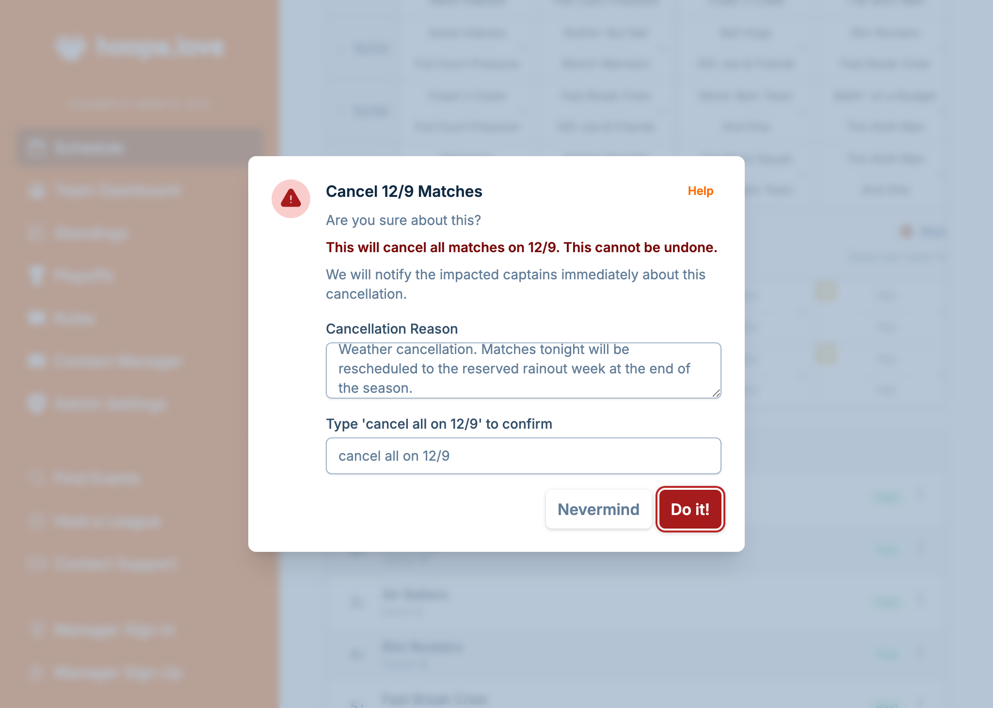 A screenshot showing the game cancellation dialog, where the manager has decided to cancel games and is providing a message to send to captains