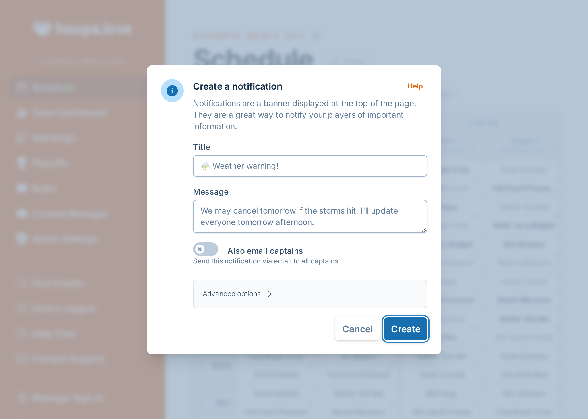 A screenshot showing the notification creation form, where a manager is notifying captains games may be canceled if the radar doesn't improve