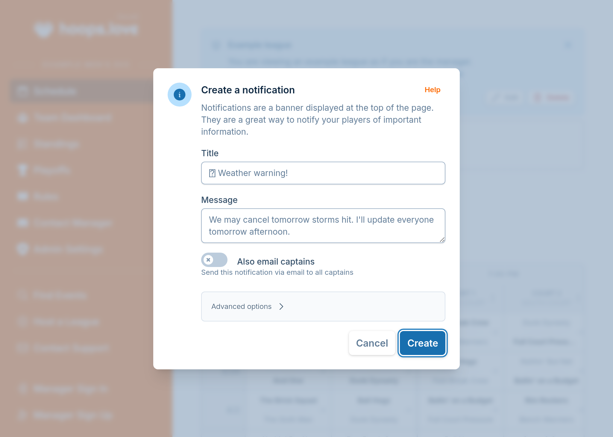 A screenshot showing the notification creation form, where a manager is notifying captains games may be canceled if the radar doesn't improve