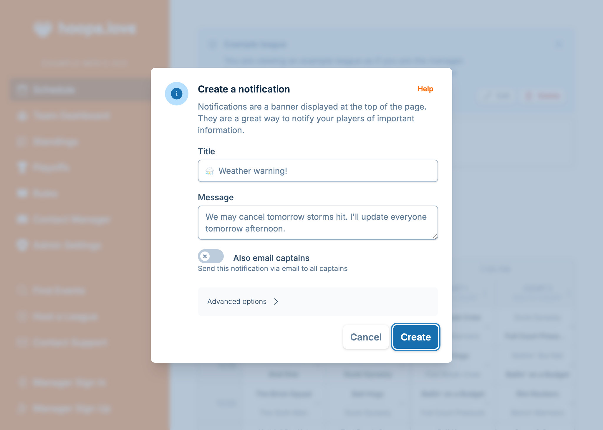 A screenshot showing the notification creation form, where a manager is notifying captains games may be canceled if the radar doesn't improve