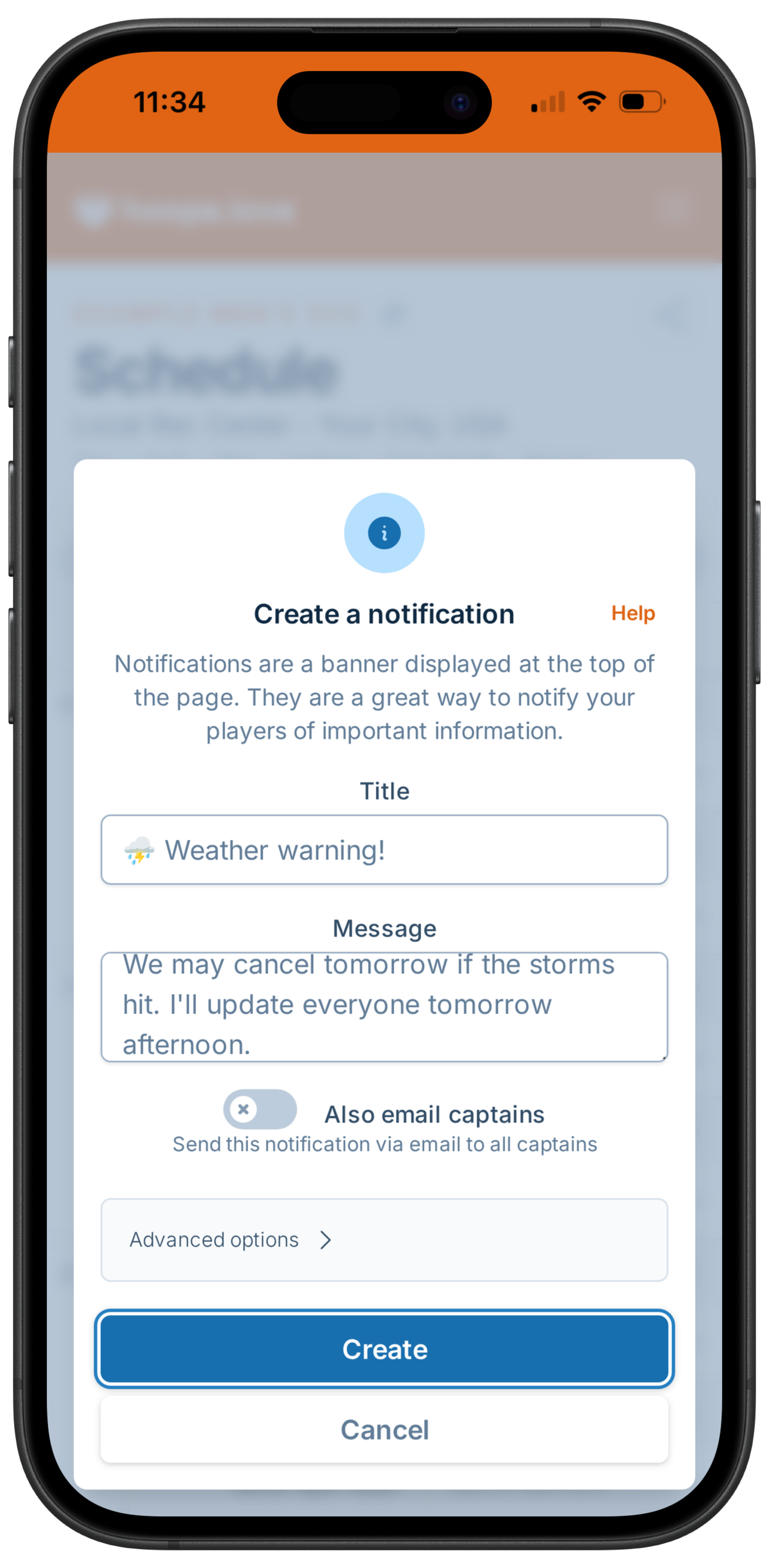 A screenshot showing the notification creation form, where a manager is notifying captains games may be canceled if the radar doesn't improve