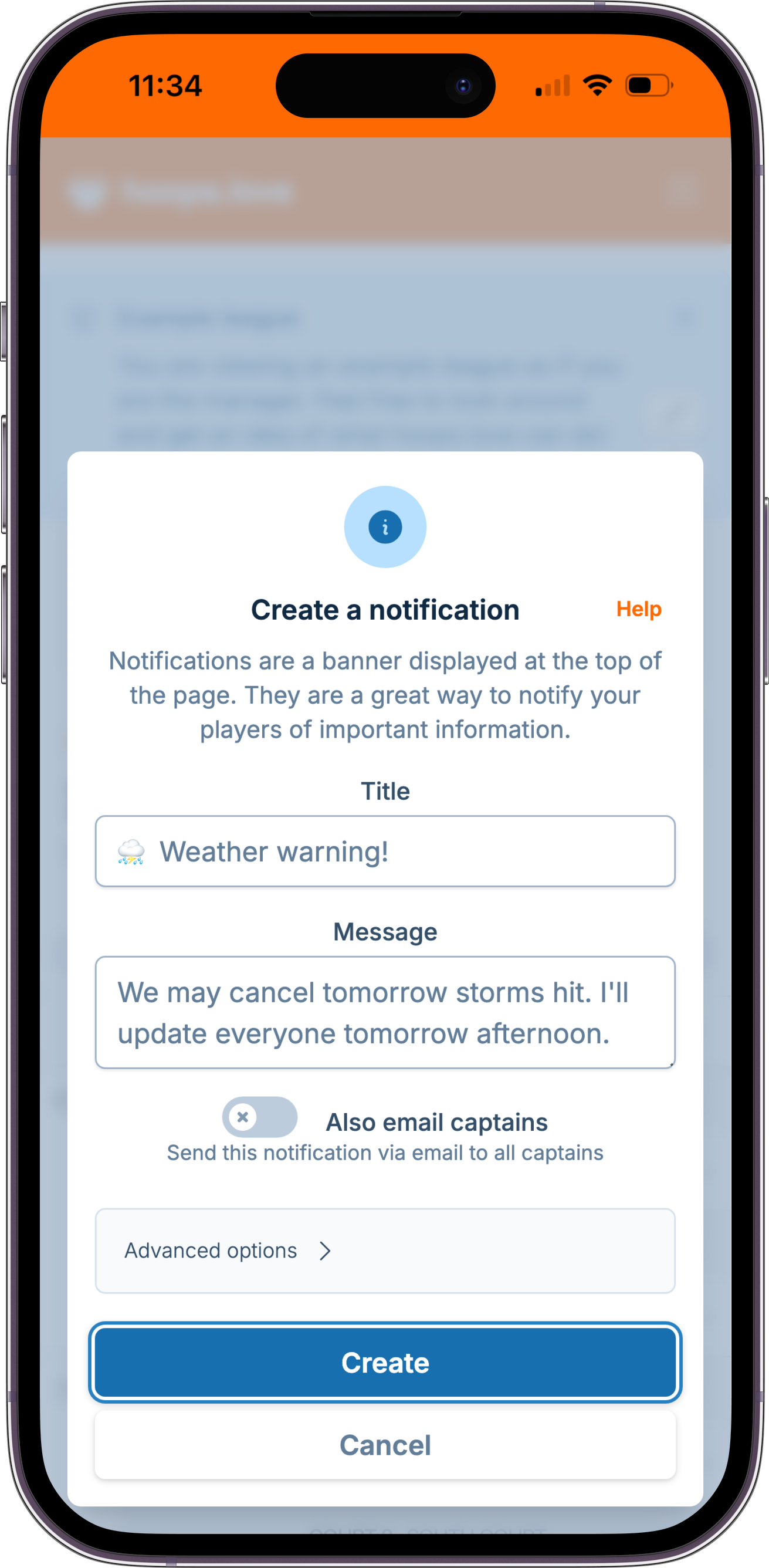 A screenshot showing the notification creation form, where a manager is notifying captains games may be canceled if the radar doesn't improve