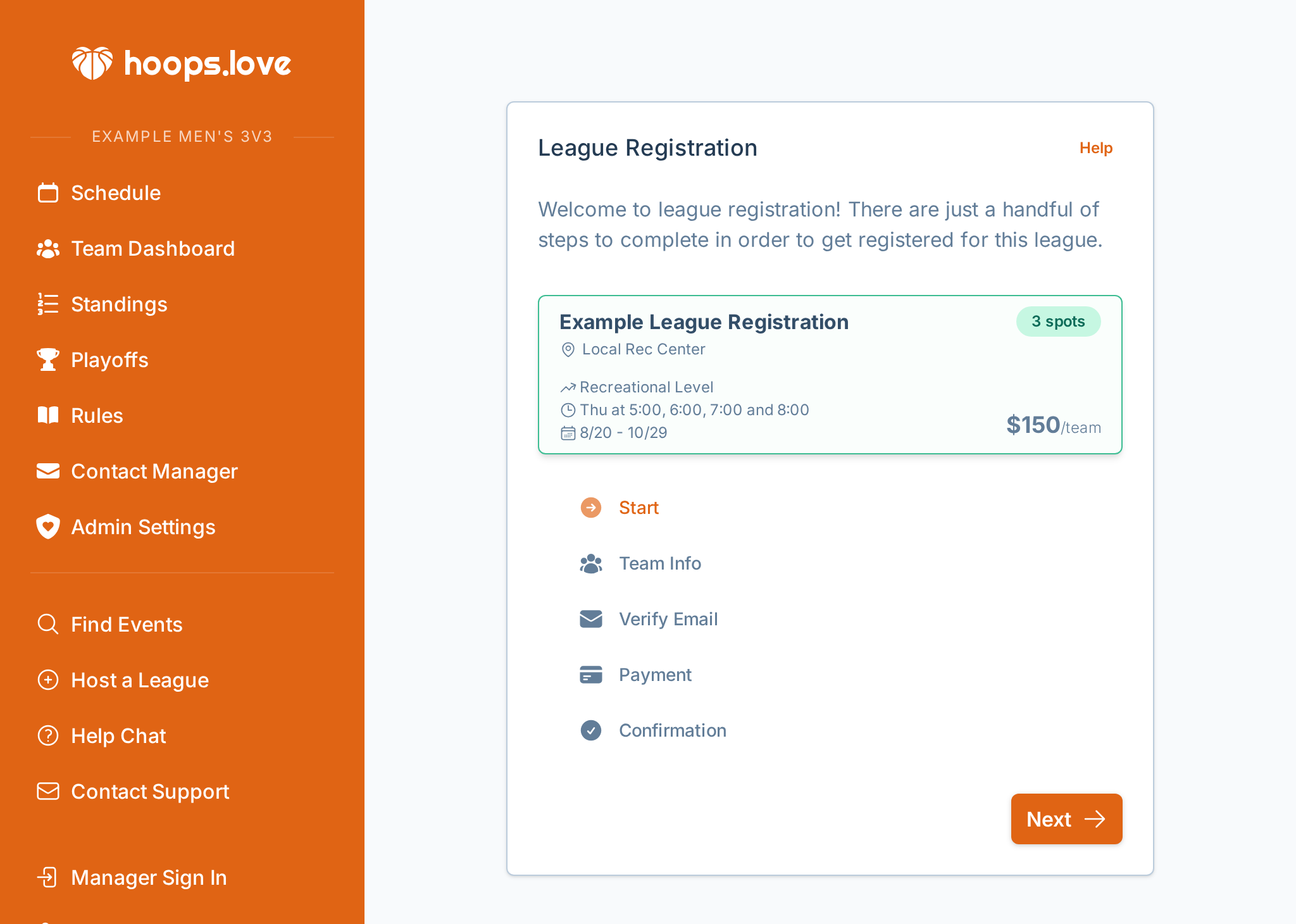 A screenshot of the team registration experience