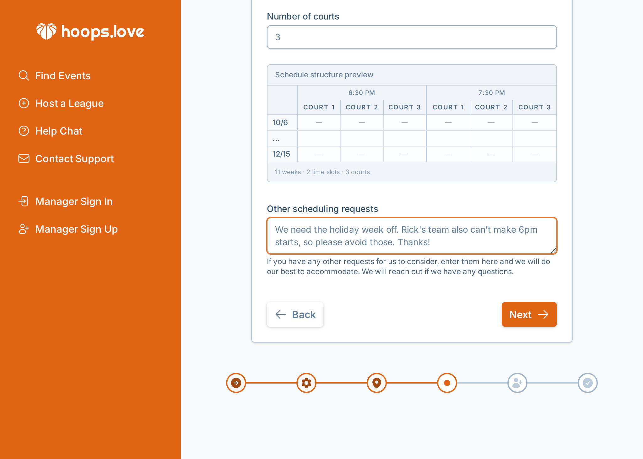 A screenshot of the league creation wizard where a league manager can enter scheduling constraints and preferences