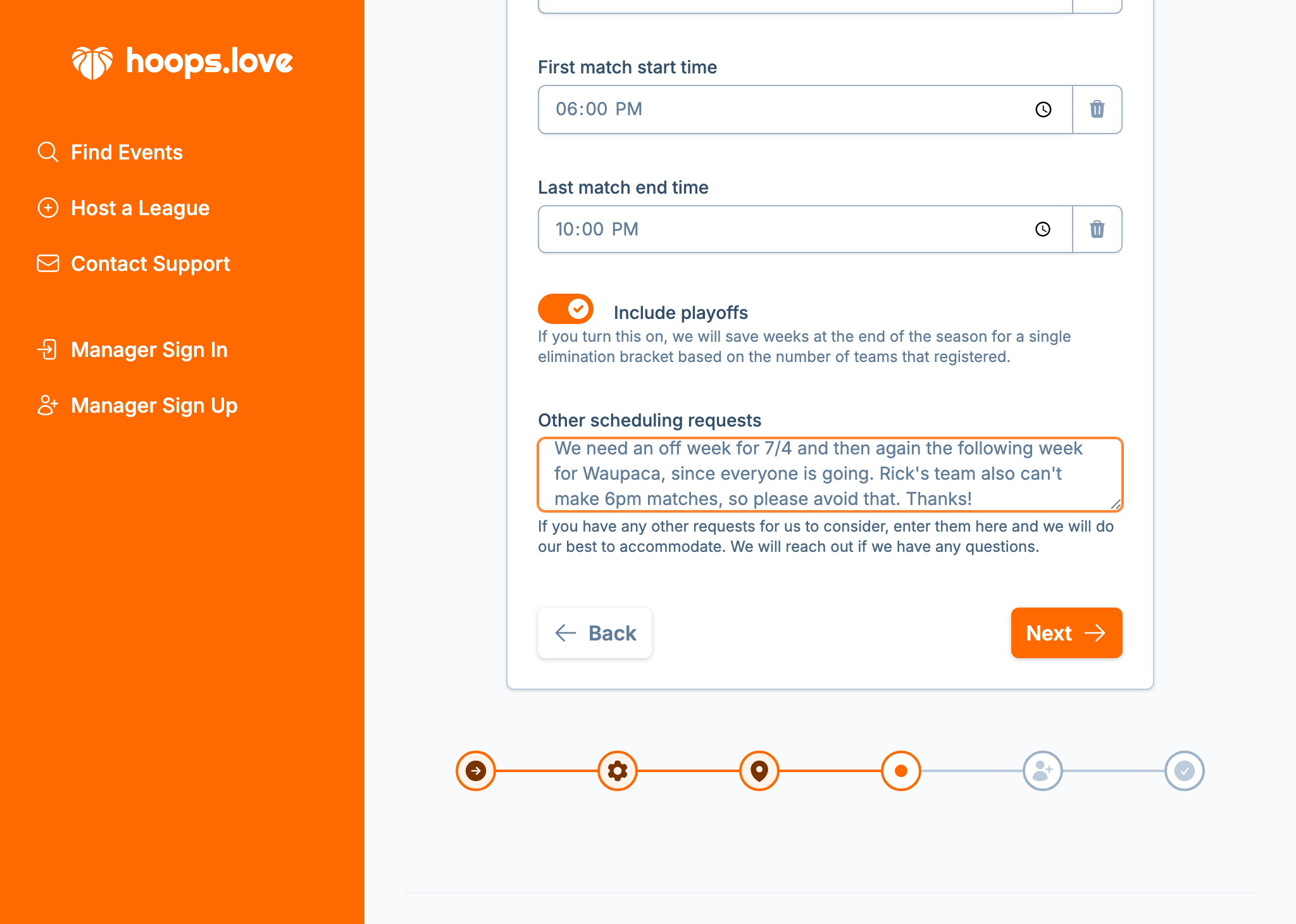 A screenshot of the league creation wizard where a league manager can enter scheduling constraints and preferences
