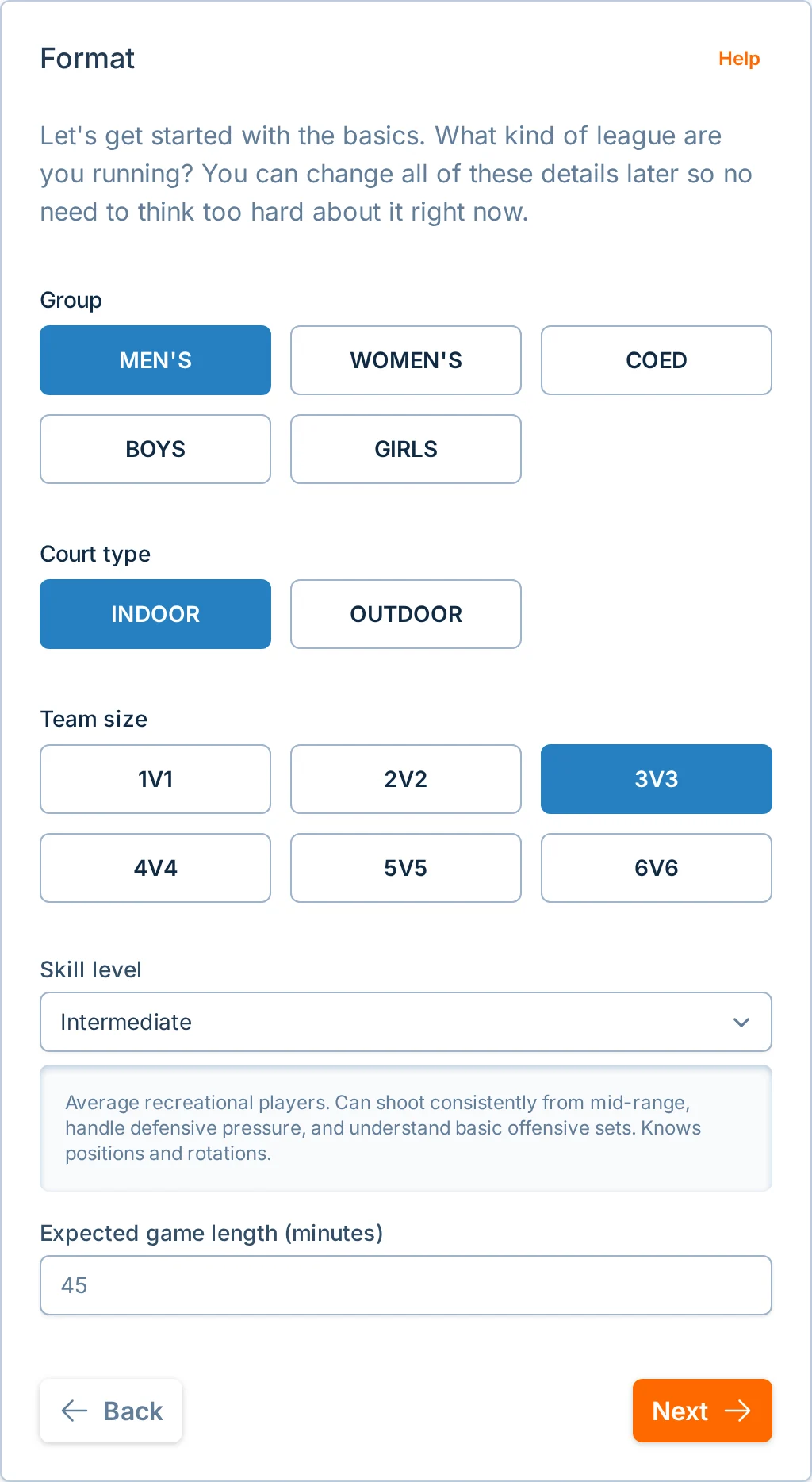 Create league format step in hoops.love, a basketball league setup platform