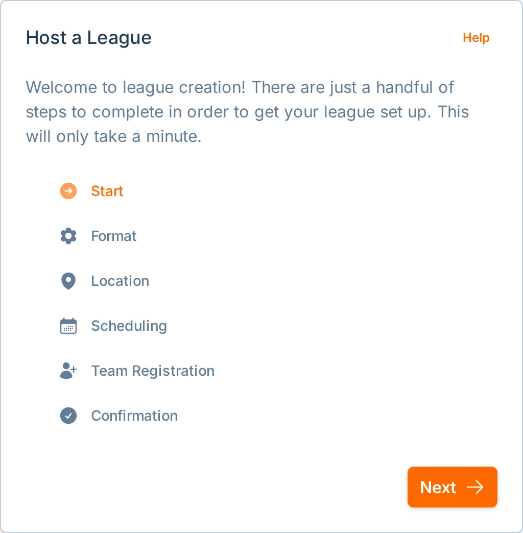 Create league wizard start screen in hoops.love, a basketball league launch platform