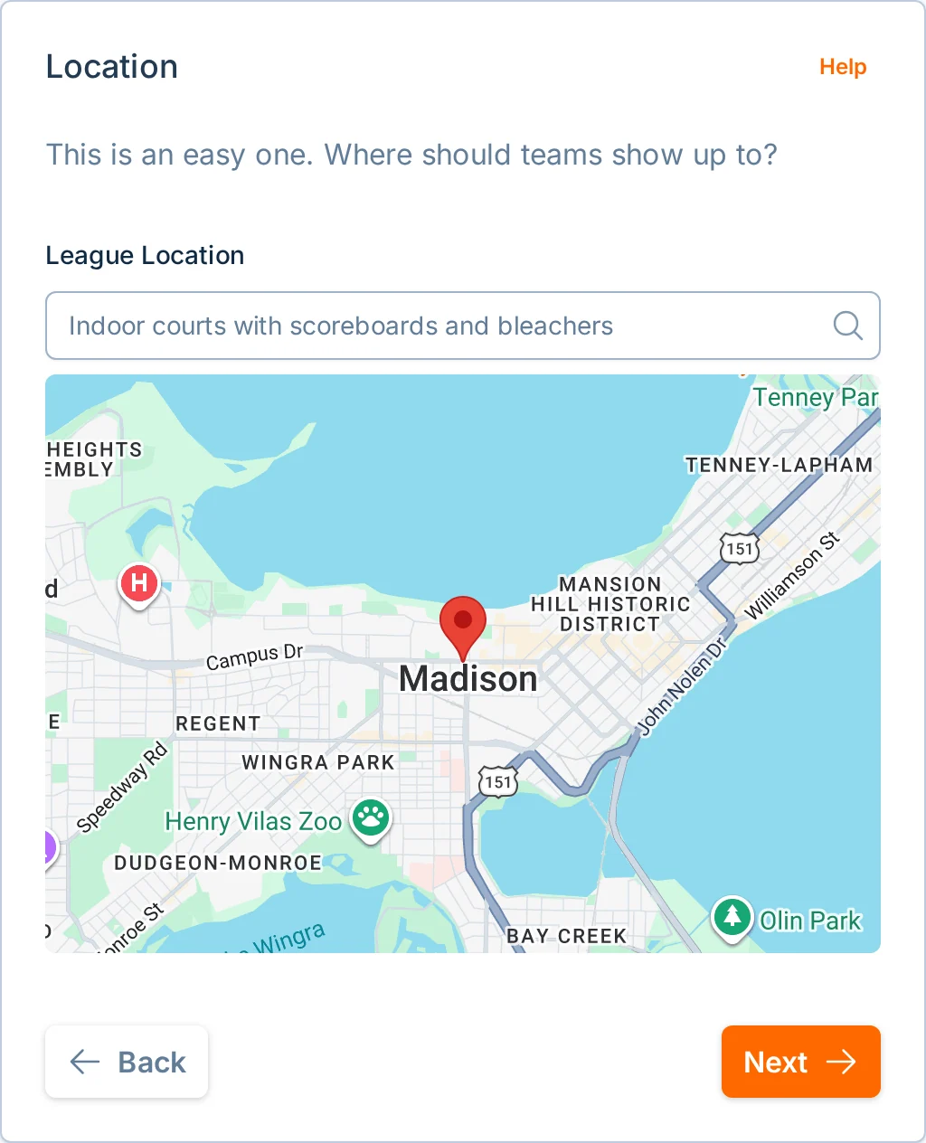 Create league location step in hoops.love, a basketball venue and scheduling tool