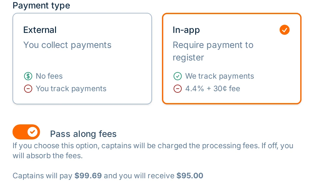 Pass along fees option in hoops.love, a basketball checkout and registration tool