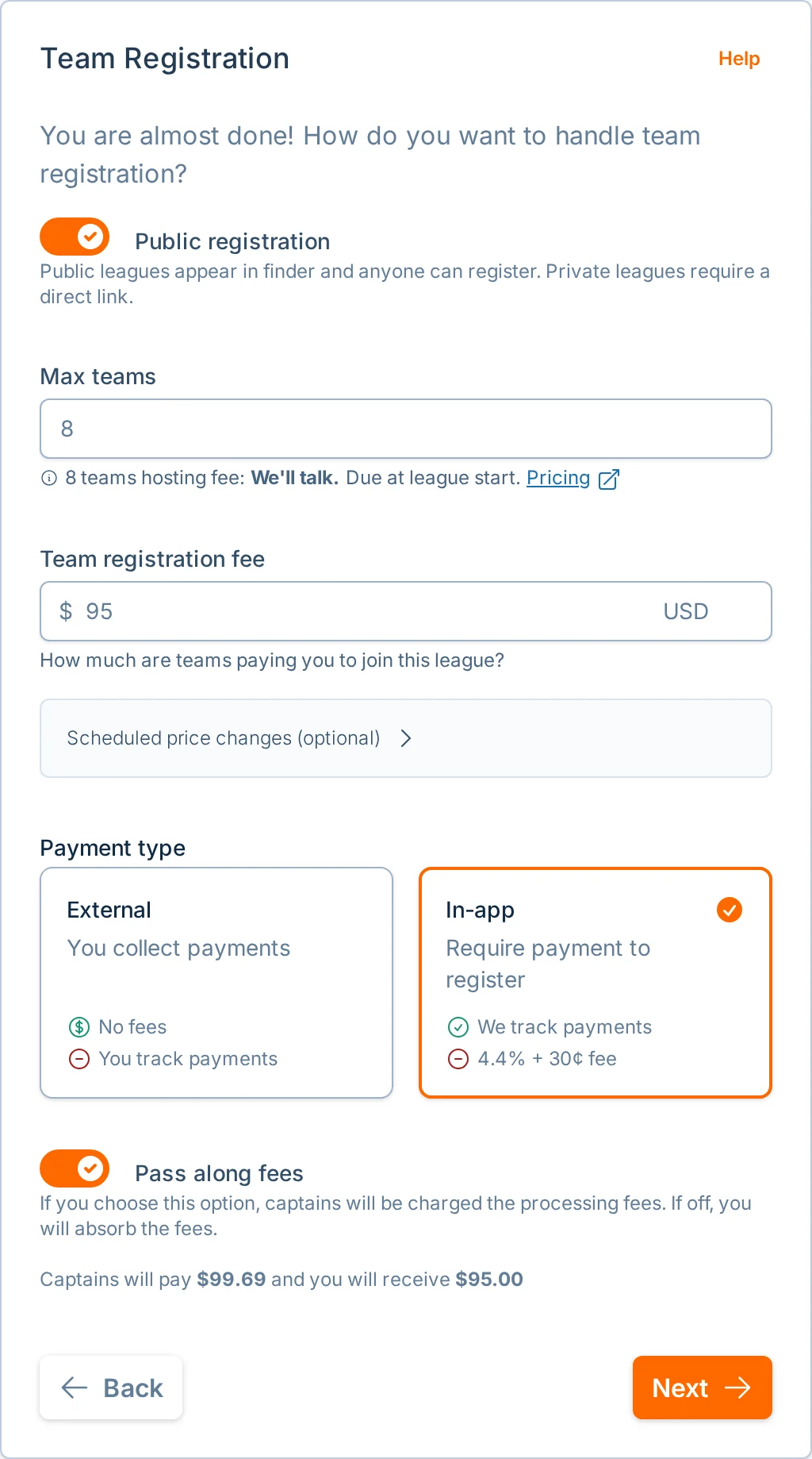 Create league team registration step in hoops.love, a basketball signup and payments platform
