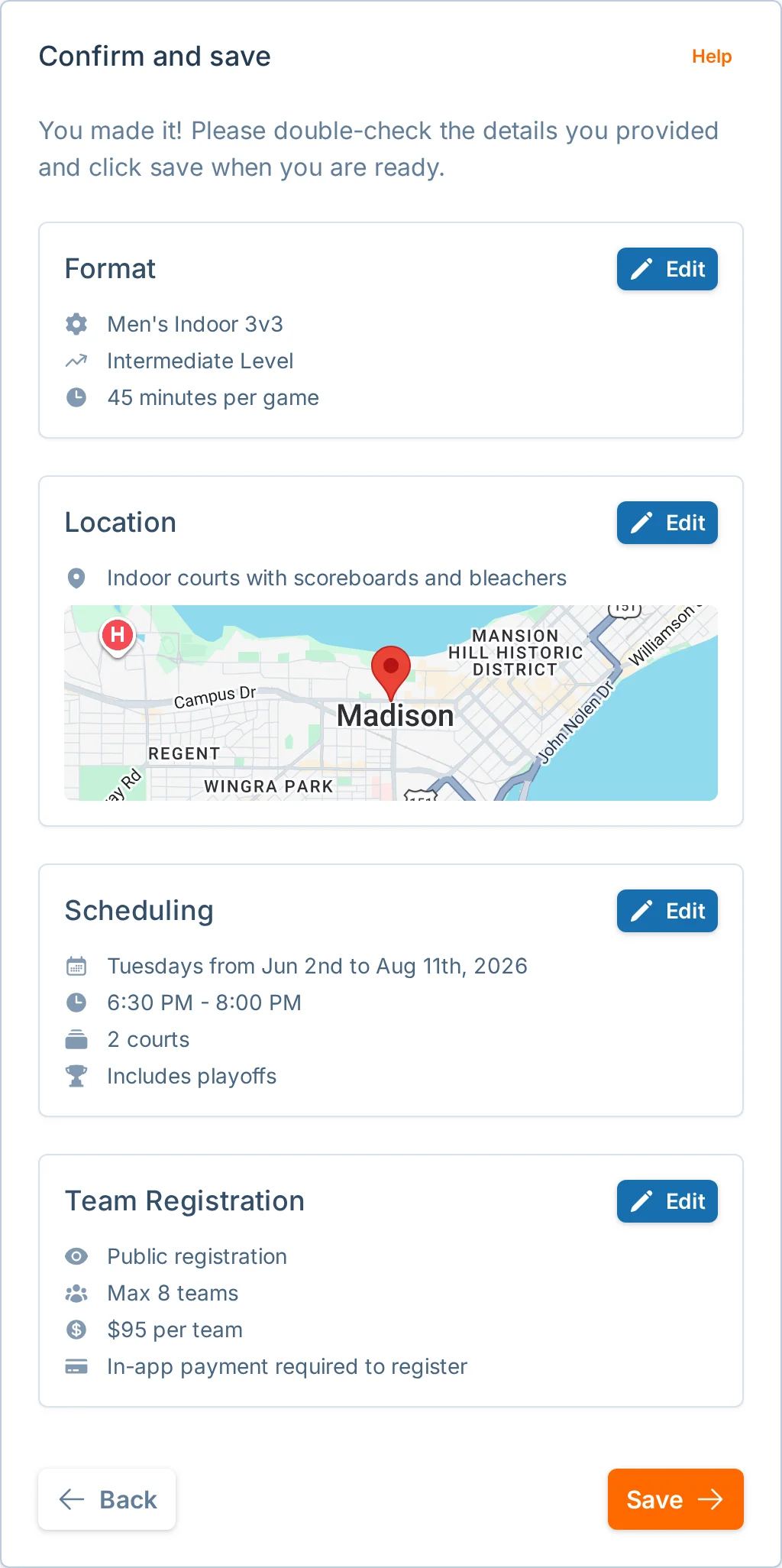 Create league review and save step in hoops.love, a basketball league launch app