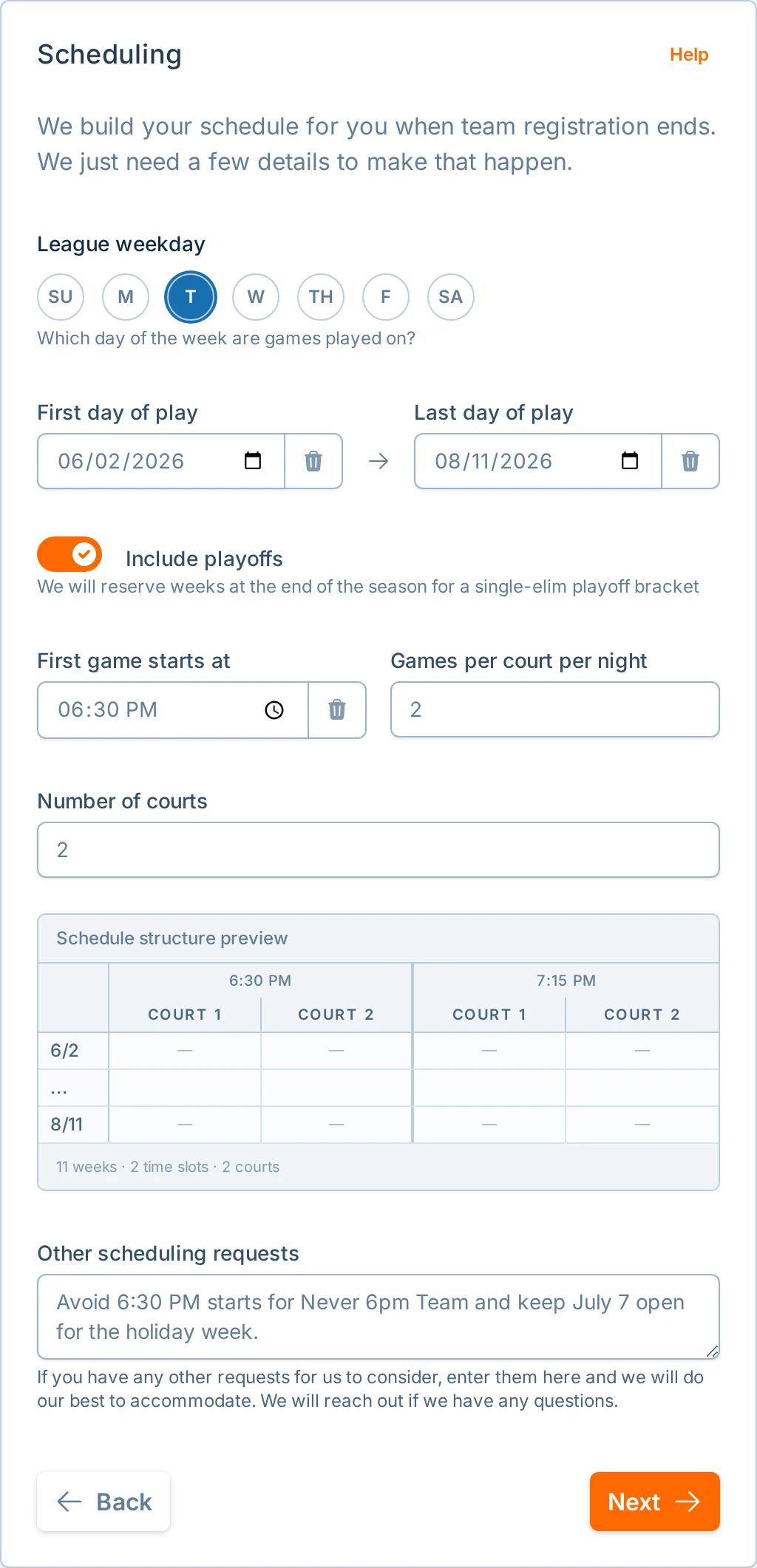 Create league scheduling step in hoops.love, a basketball schedule builder for league managers