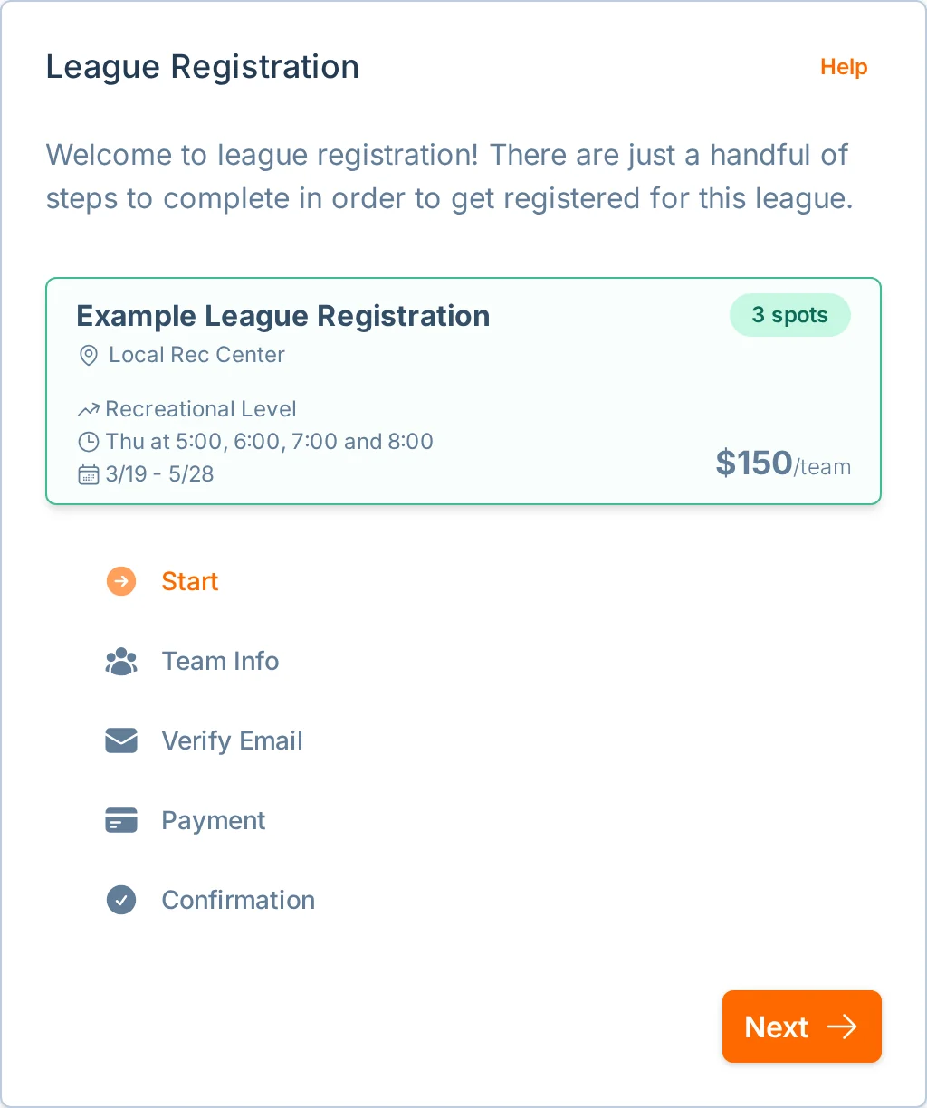 Team registration start form in hoops.love, a basketball registration app for rec teams