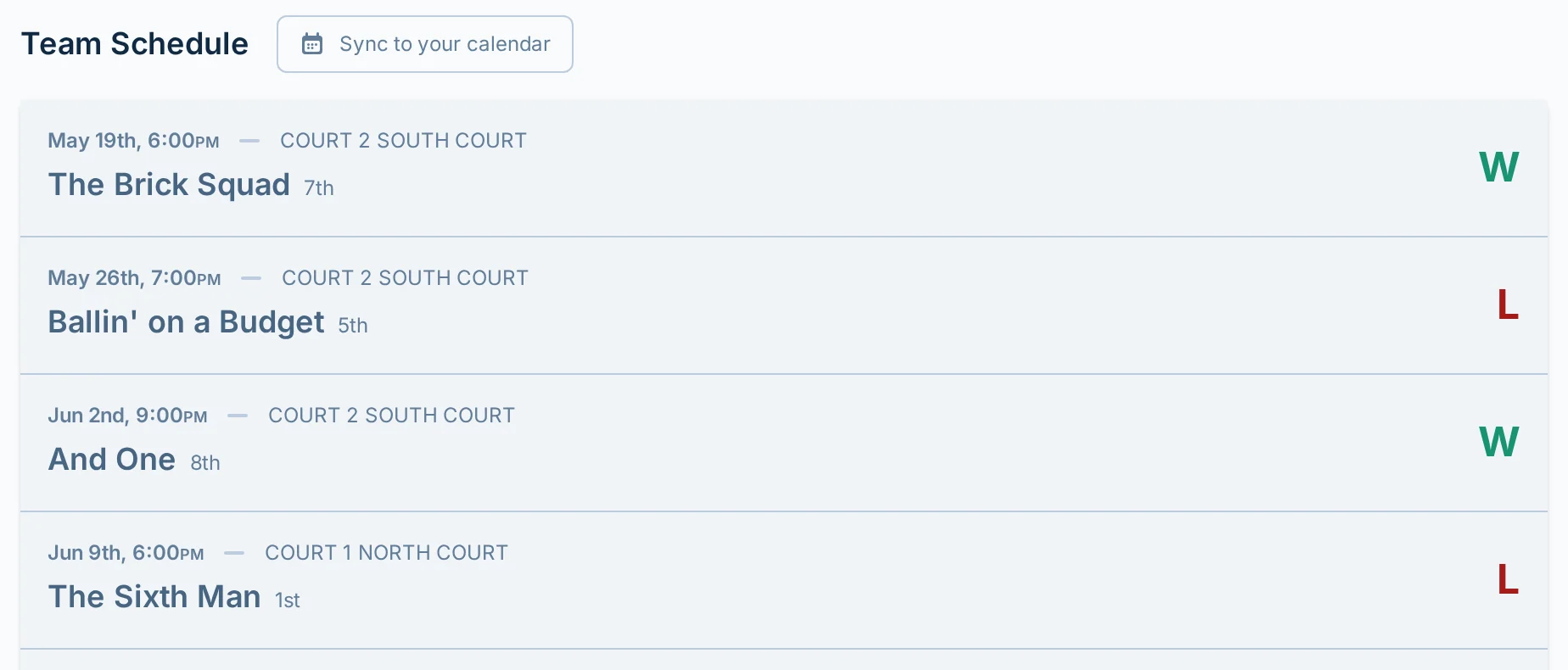 Team schedule section on the hoops.love team dashboard for a basketball league