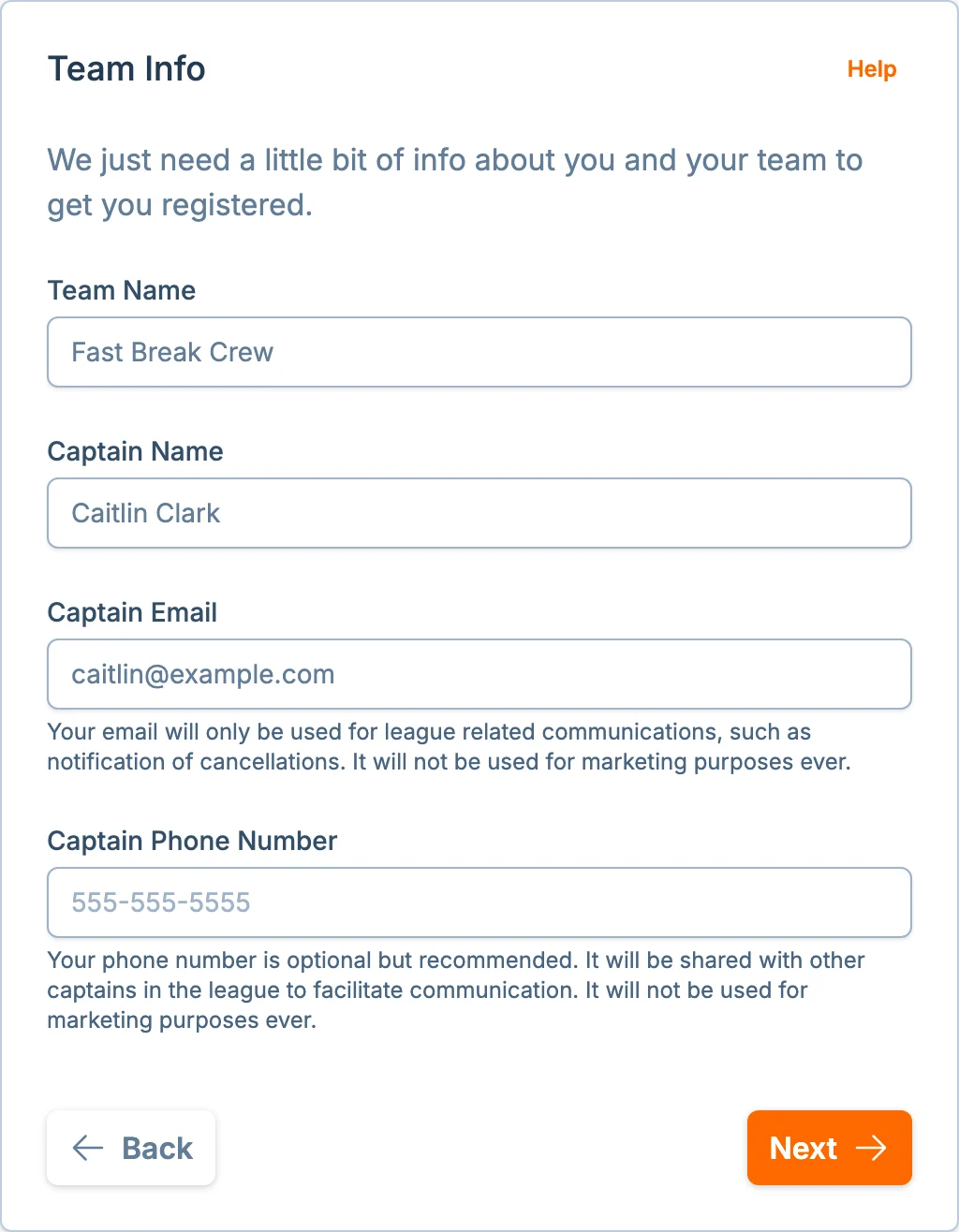 Team info step in the hoops.love registration flow for adult basketball leagues