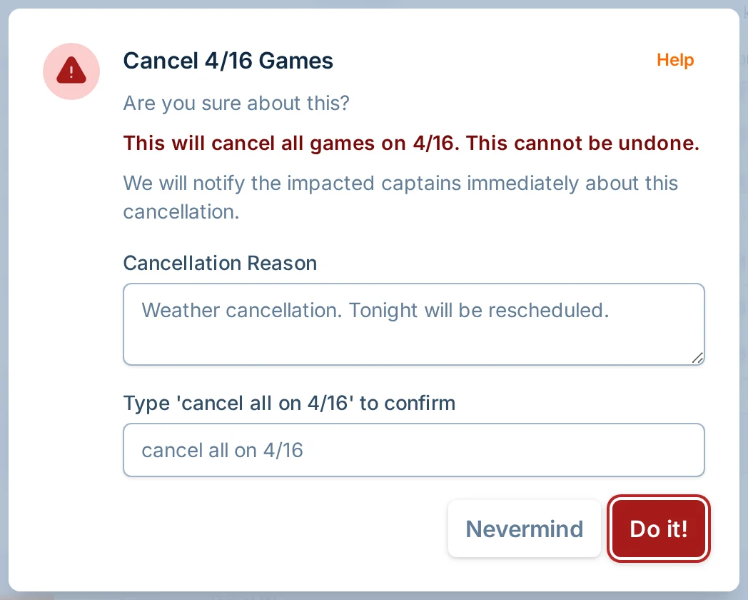 Cancel all games confirmation dialog in hoops.love, a basketball organizer for league admins