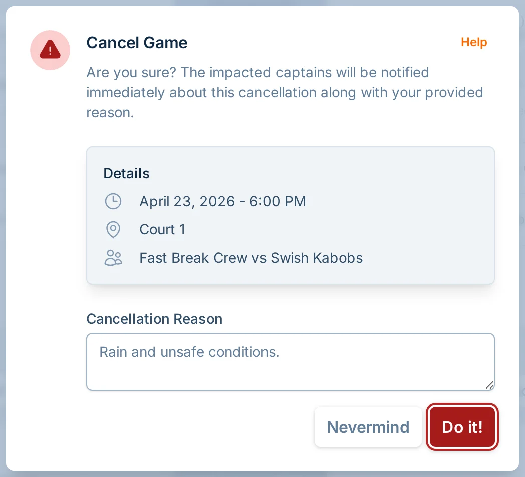 Cancel game dialog in hoops.love, a basketball league operations platform