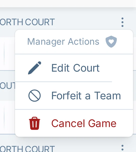 Mobile cancel game menu in hoops.love, a basketball game-day management app