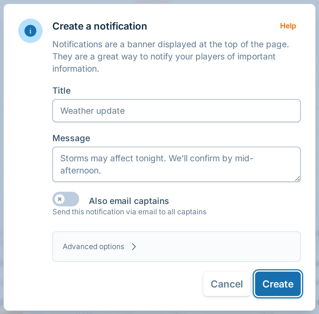 Create notification dialog in hoops.love, a basketball management platform