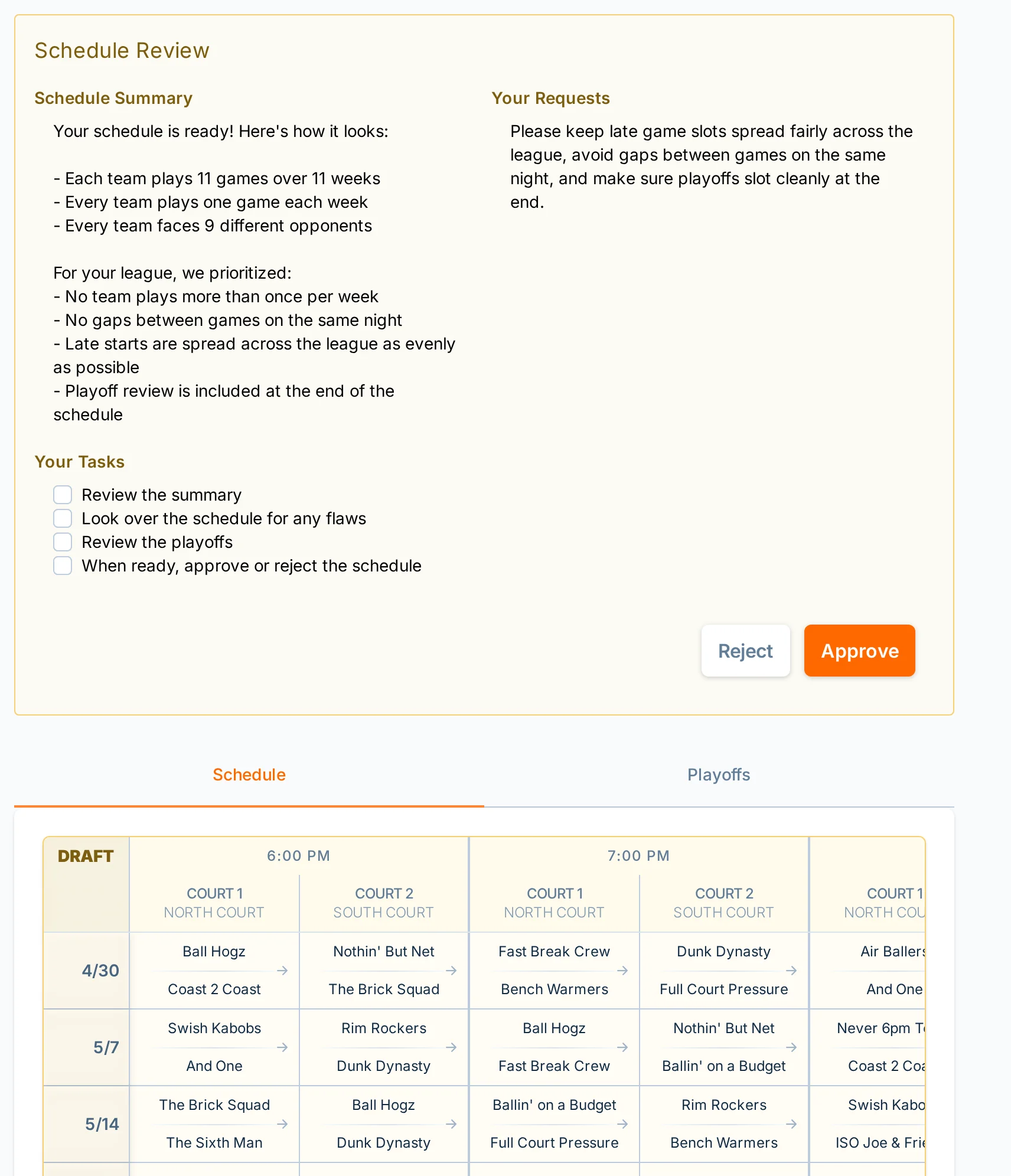 Schedule review screen in hoops.love, a basketball scheduling app for league managers