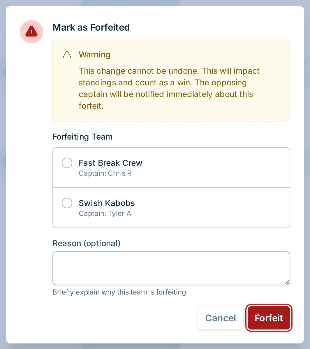 Forfeit or no-show dialog in hoops.love, a basketball league score reporting app