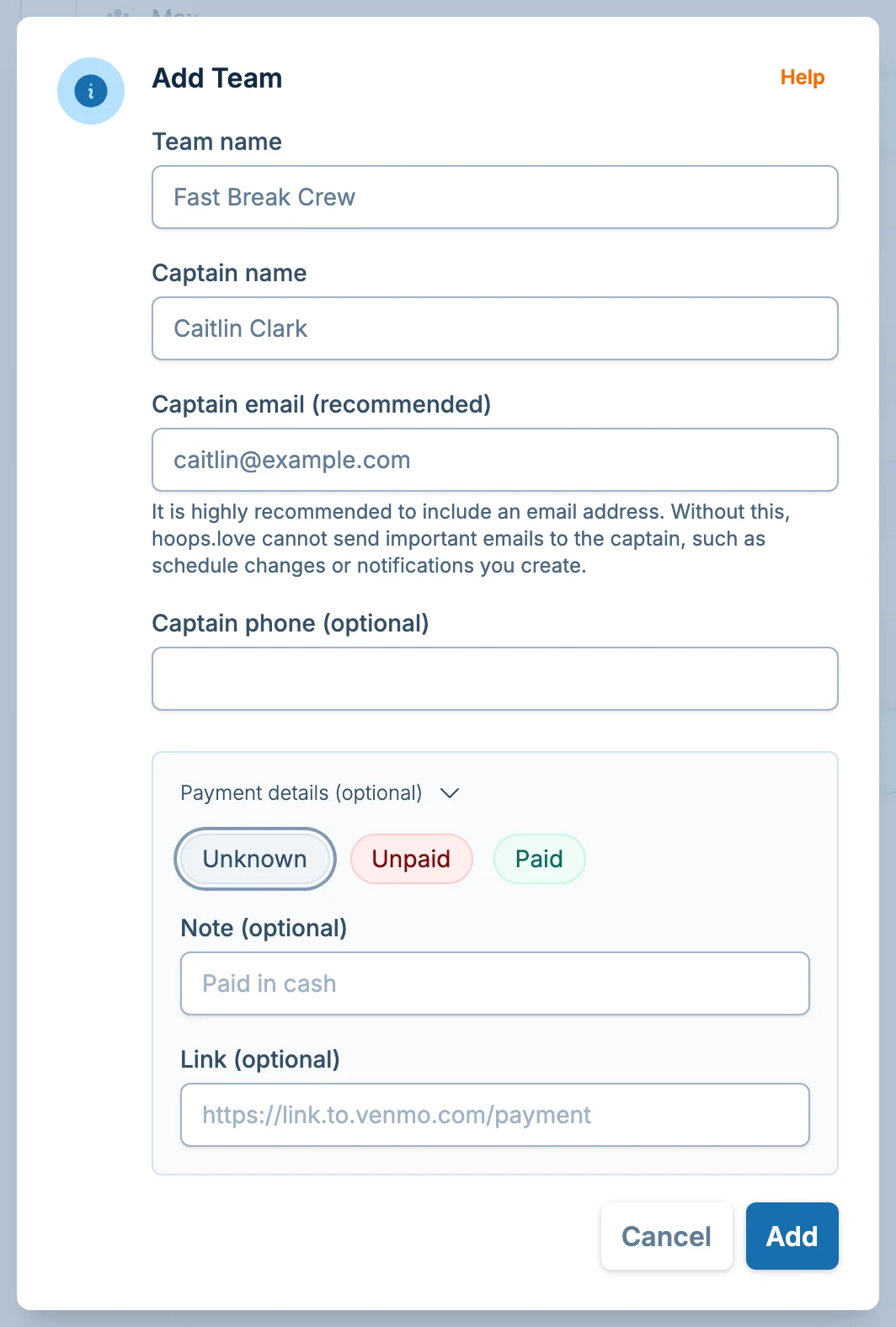 Add team dialog in hoops.love, a basketball team signup platform