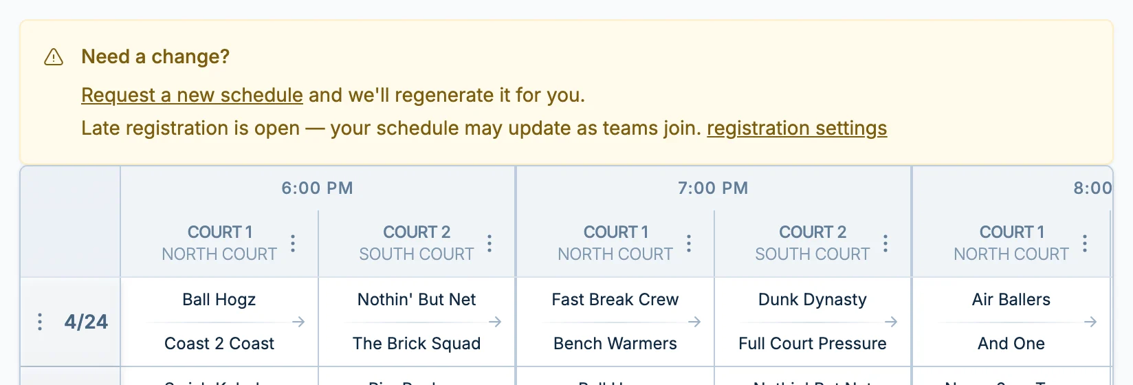 Late registration schedule change banner in hoops.love, a basketball schedule adjustment tool