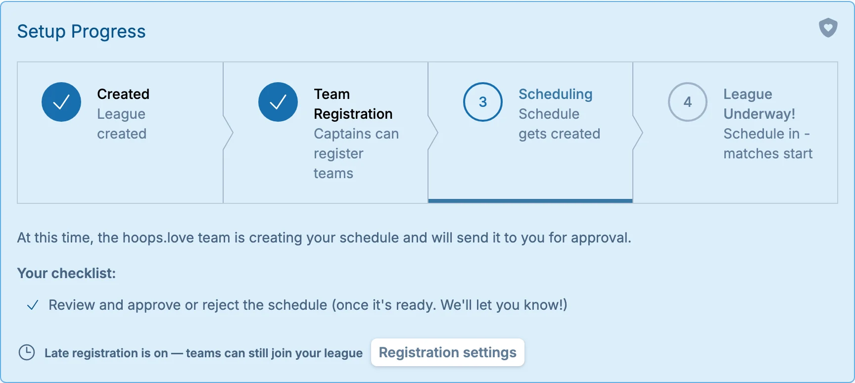 Late registration progress bar in hoops.love, a basketball signup workflow app