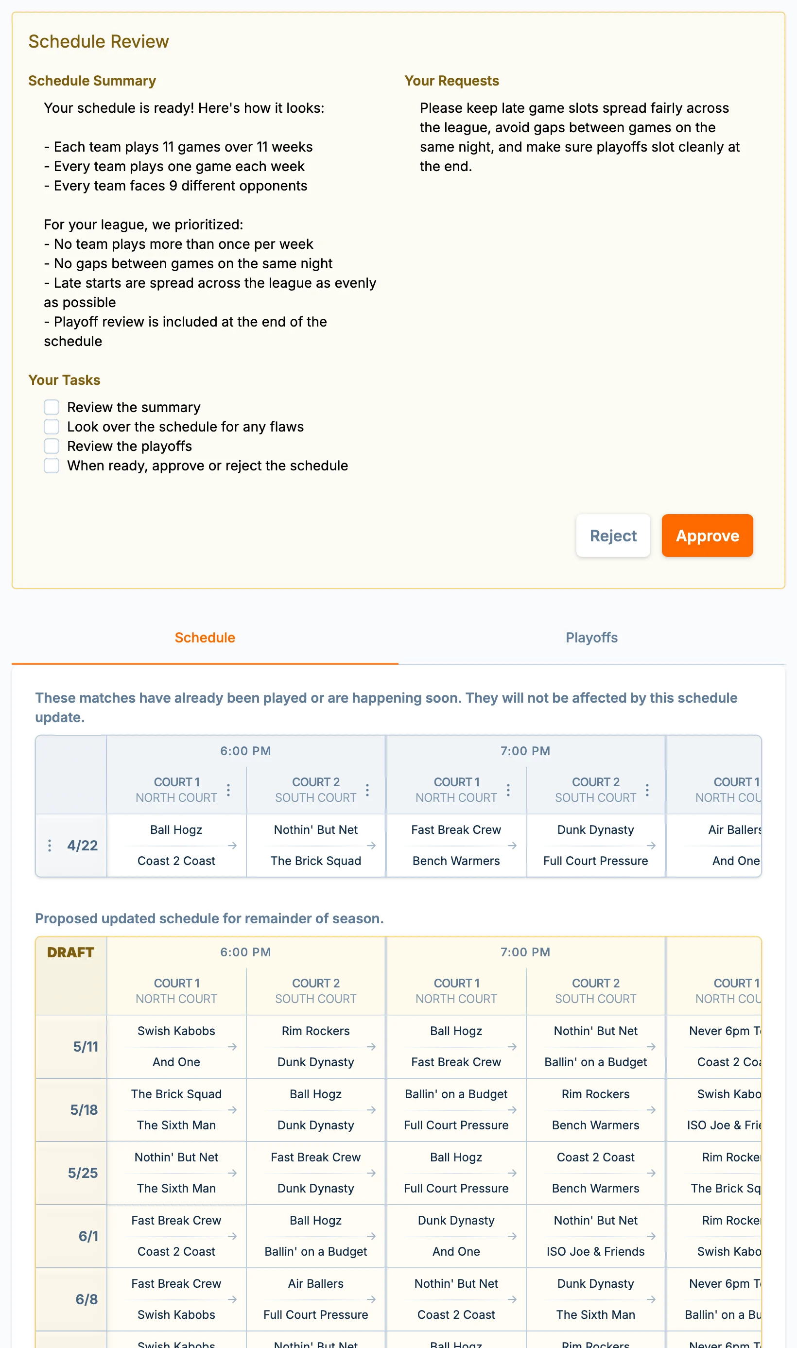 Late registration schedule review in hoops.love, a basketball scheduling platform for late entries