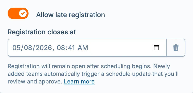 Late registration settings in hoops.love, a basketball registration management platform