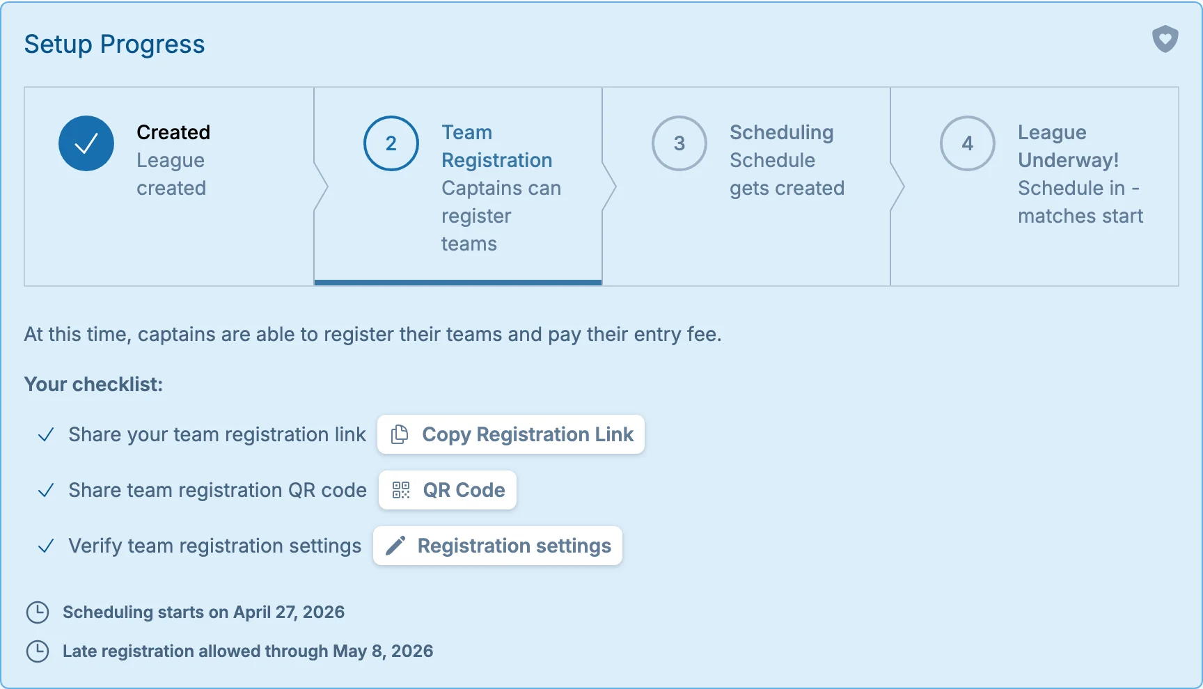 League setup progress bar in hoops.love, a basketball registration workflow tool