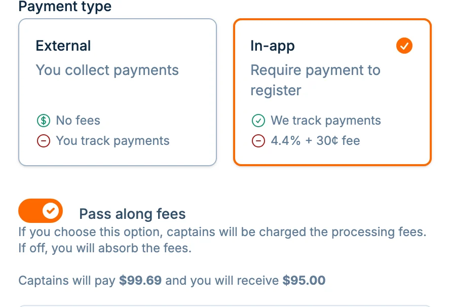 Pass along fees option in hoops.love, a basketball checkout tool for registrations