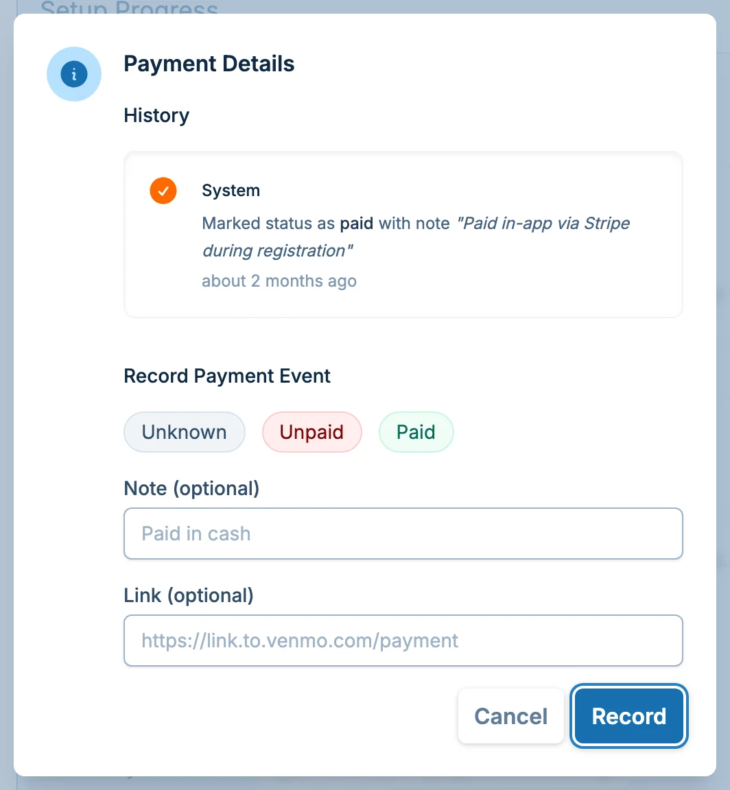 Team payment details dialog in hoops.love, a basketball registration payments dashboard