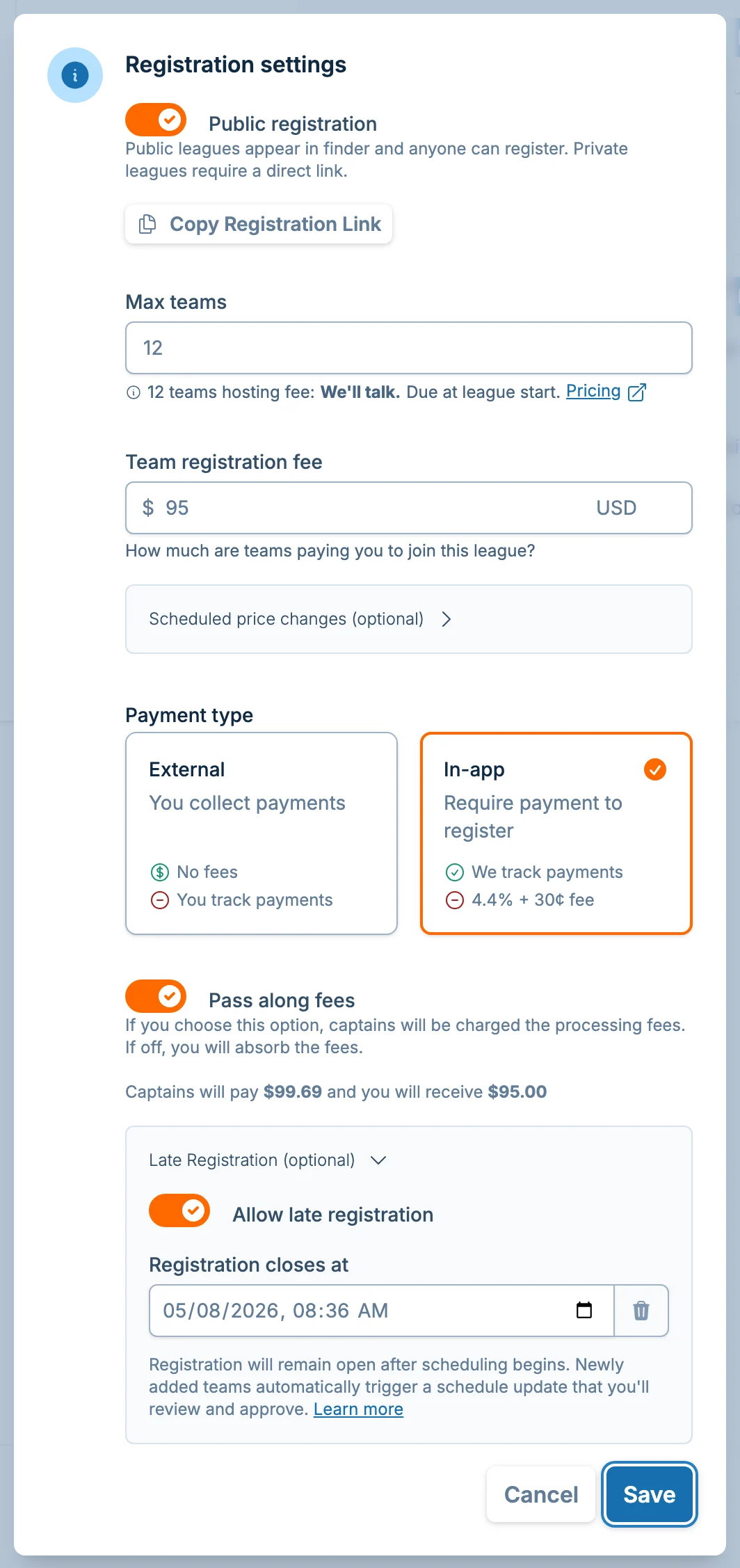League registration settings in hoops.love, a basketball registration and payments app