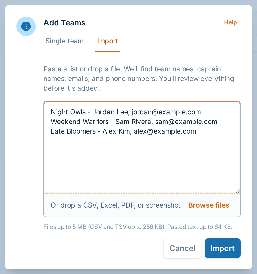 Import teams dialog in hoops.love, a basketball team management tool