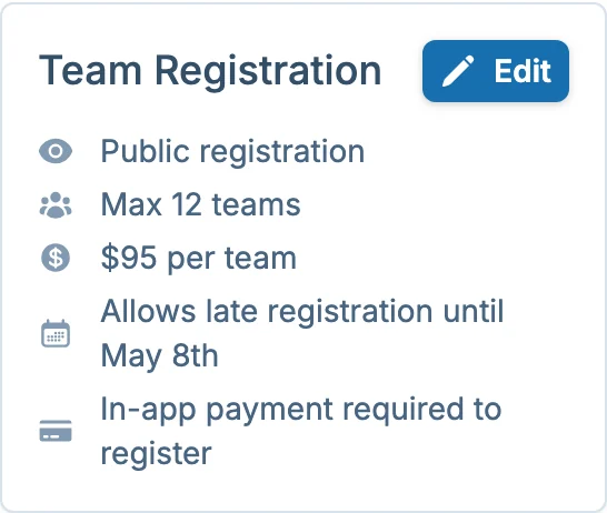 Team registration summary in hoops.love, a basketball signup platform for league managers